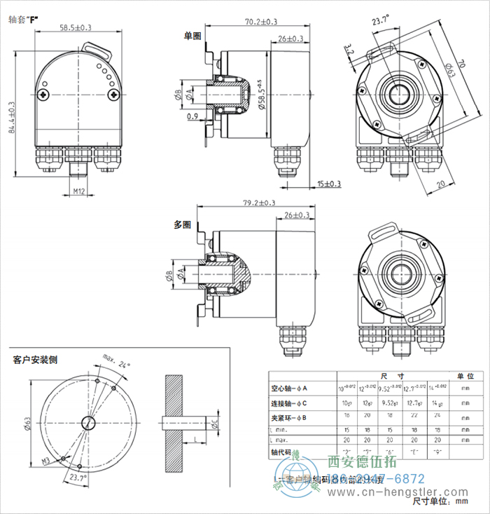 AC58-EtherCAT光電絕對(duì)值編碼器外形及安裝尺寸(軸套F) 德國(guó)hengstler(亨士樂)編碼器