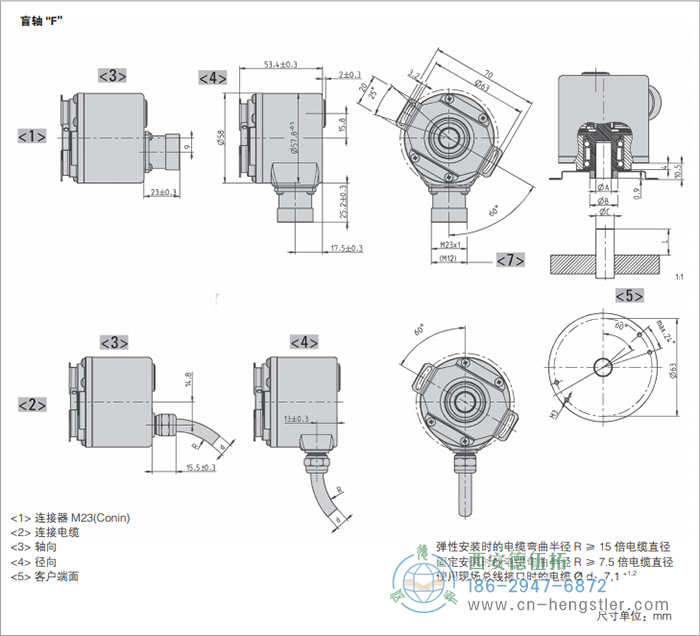 AC58-并口光電絕對值型編碼器外形及安裝尺寸(盲軸F) 德國hengstler(亨士樂)編碼器