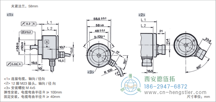 RI58-O/RI58-T標(biāo)準(zhǔn)實(shí)心軸光電增量編碼器外形及安裝尺寸(夾緊法蘭，58mm) 德國(guó)hengstler(亨士樂(lè))編碼器