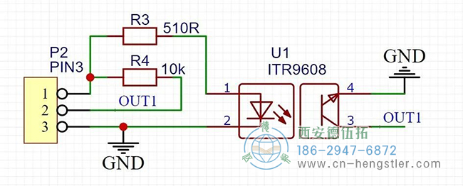 ITR9608是一種常見的對射式光電開關，加兩個電阻就可以使用了，設計了簡單的原理圖