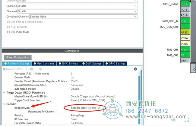 配置一下編碼模式，選擇“……TI1 and TI2”，這樣就會上升下降沿都計數，實際脈沖數數值上是柵格的4倍。